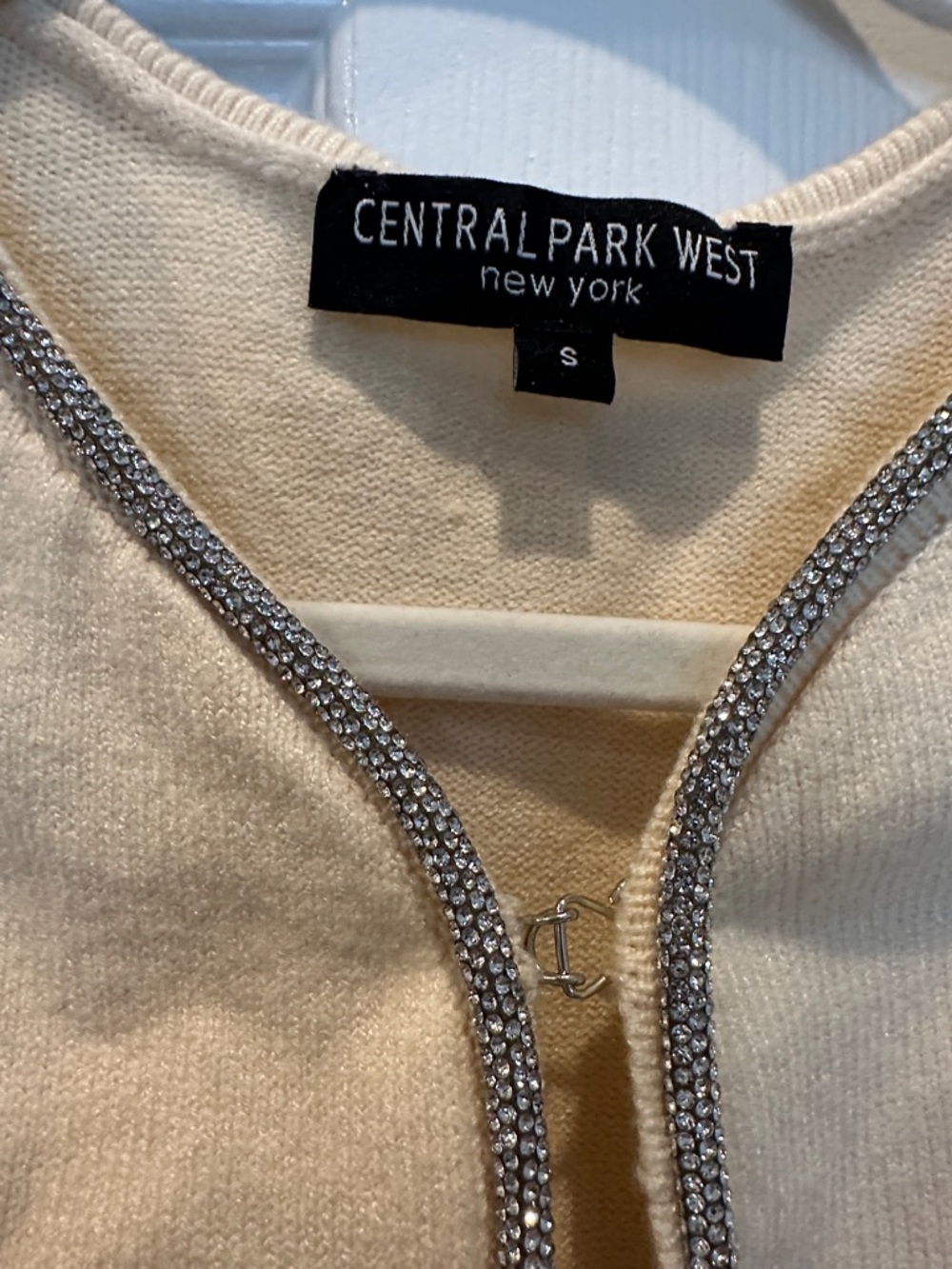 Central Park West Cream Cropped Zip Cardigan with Rhinestone Trim - Picture 4 of 5